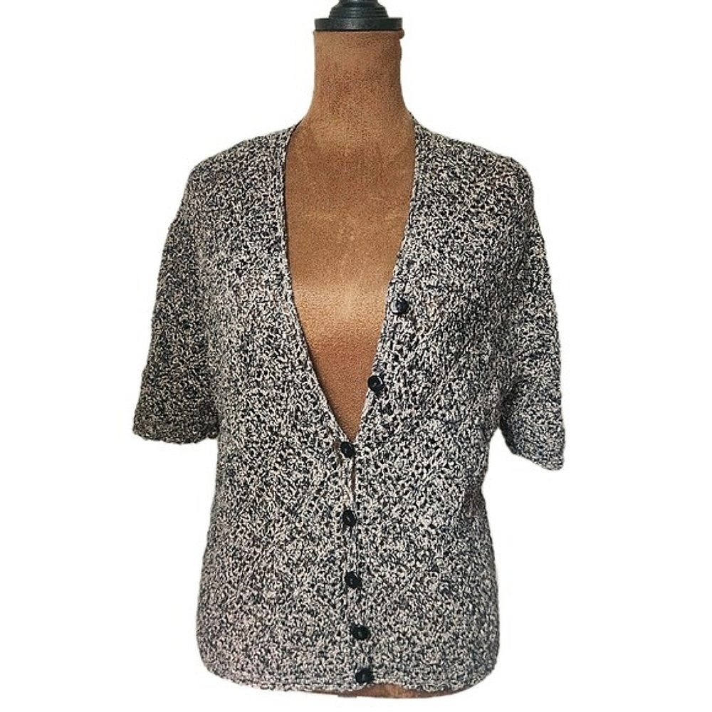 TanJay Crochet Cardigan Short Sleeve‎ Size M Beige Black Button Down Neutral Top